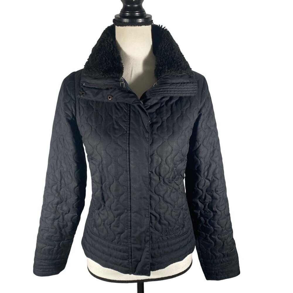 Marmot St. Moritz Quilted Jacket Womens S Black Faux Fur Collar